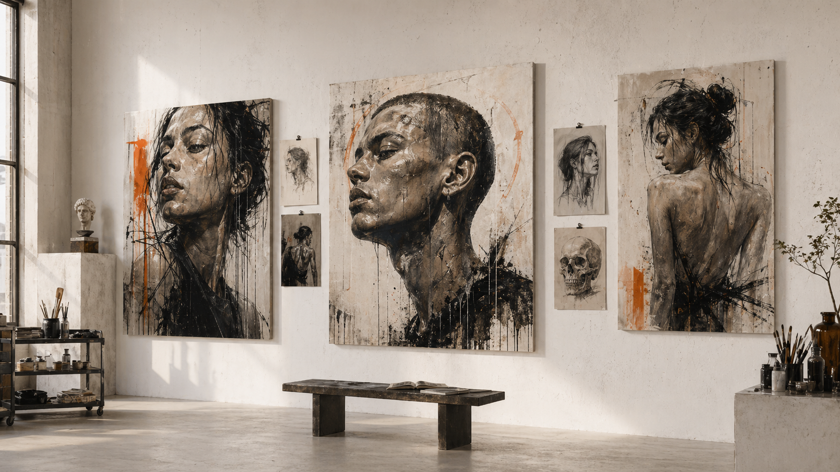 Parede de galeria com telas e estudos visuais