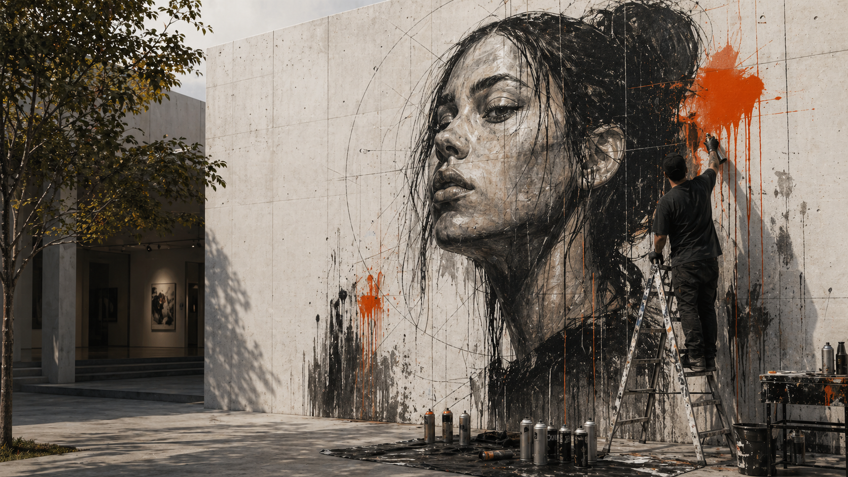 Mural em concreto com retrato em processo