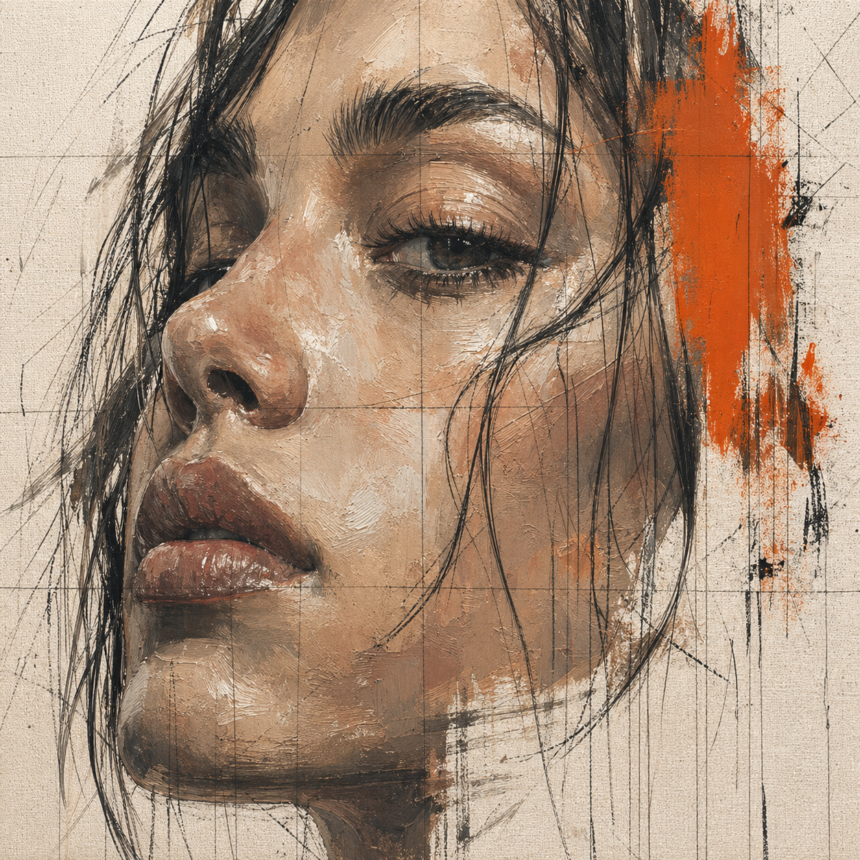 Detalhe de retrato em tela com linhas de desenho