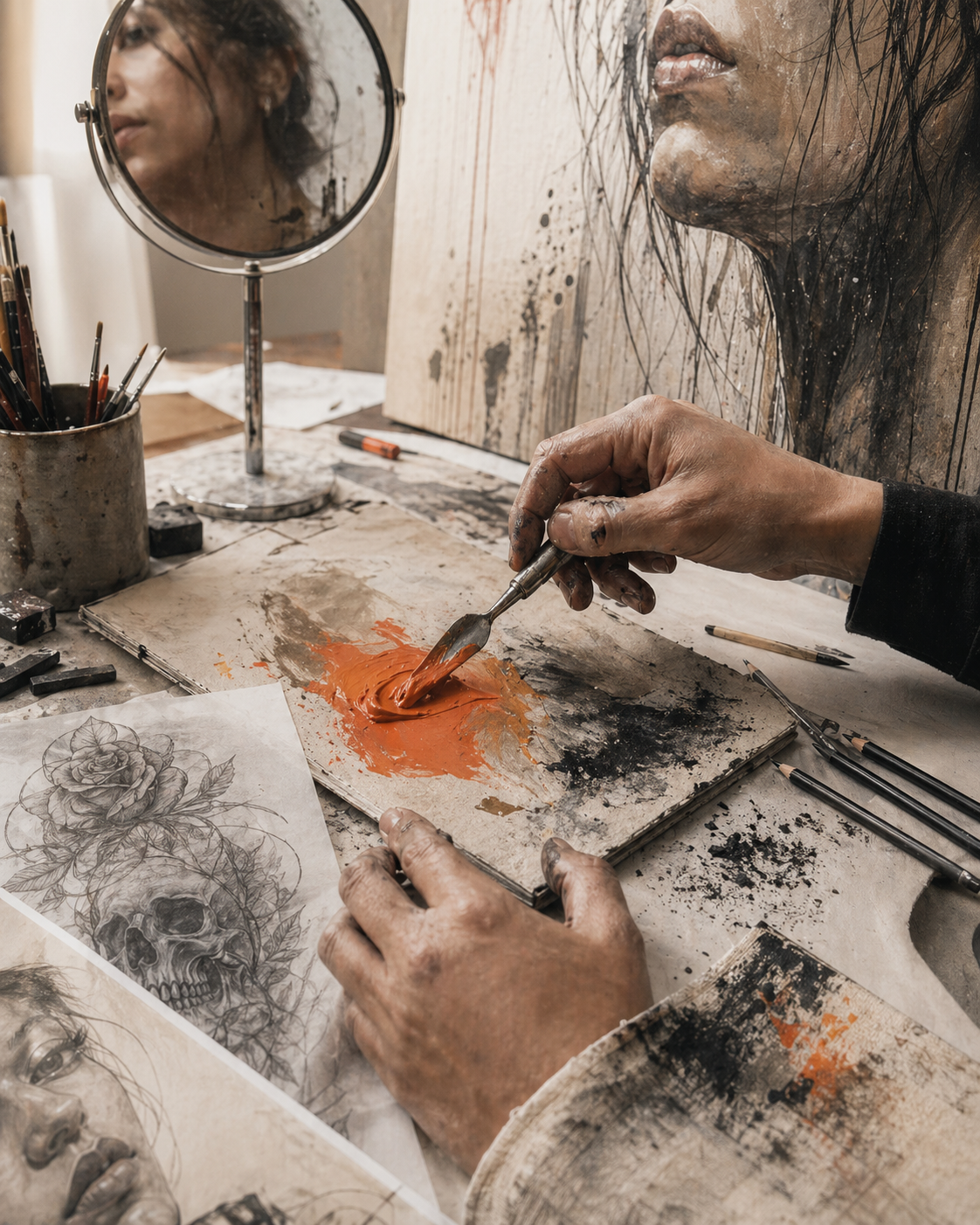 Mesa de ateliê com materiais de pintura e desenho