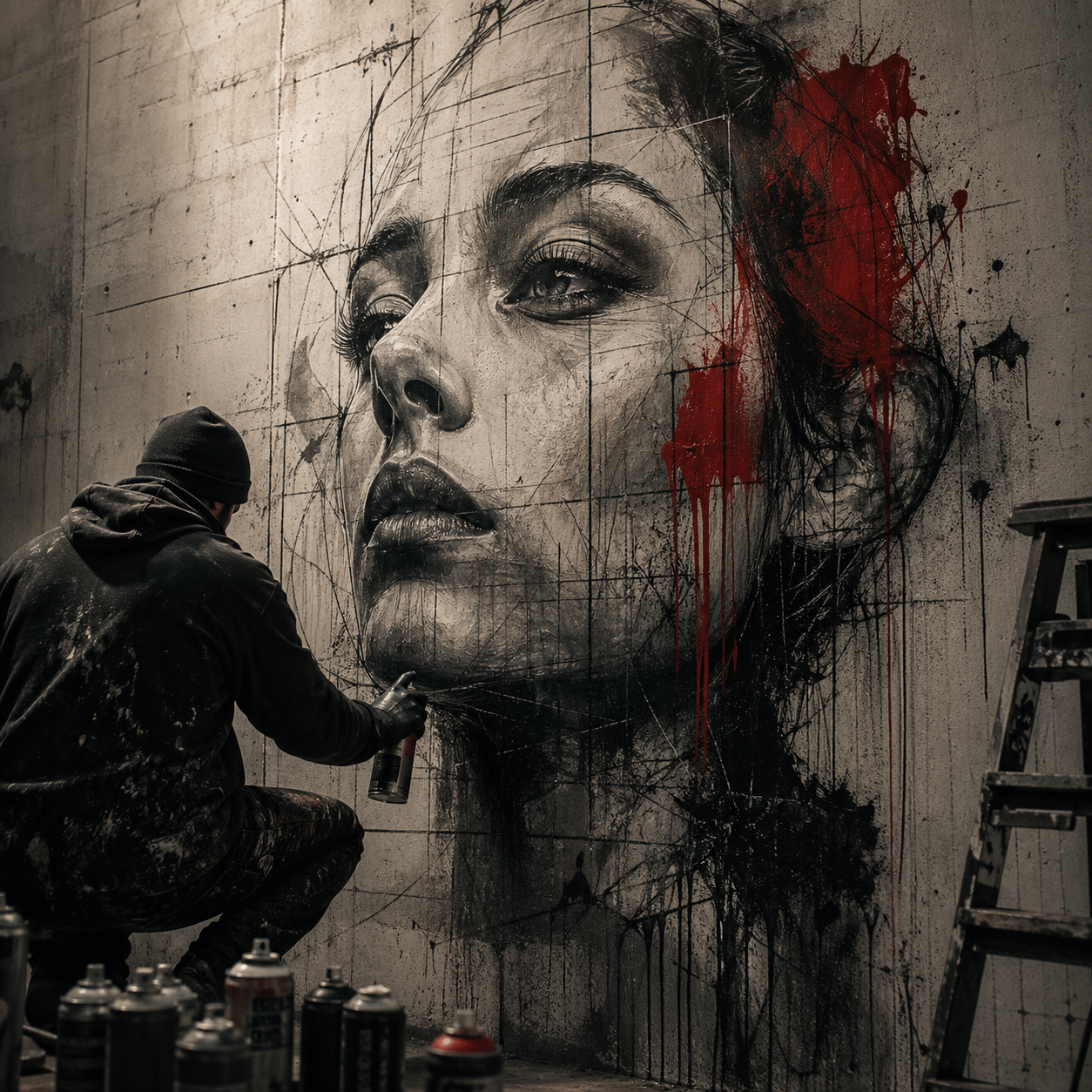 Mural de grafite com retrato em parede de concreto