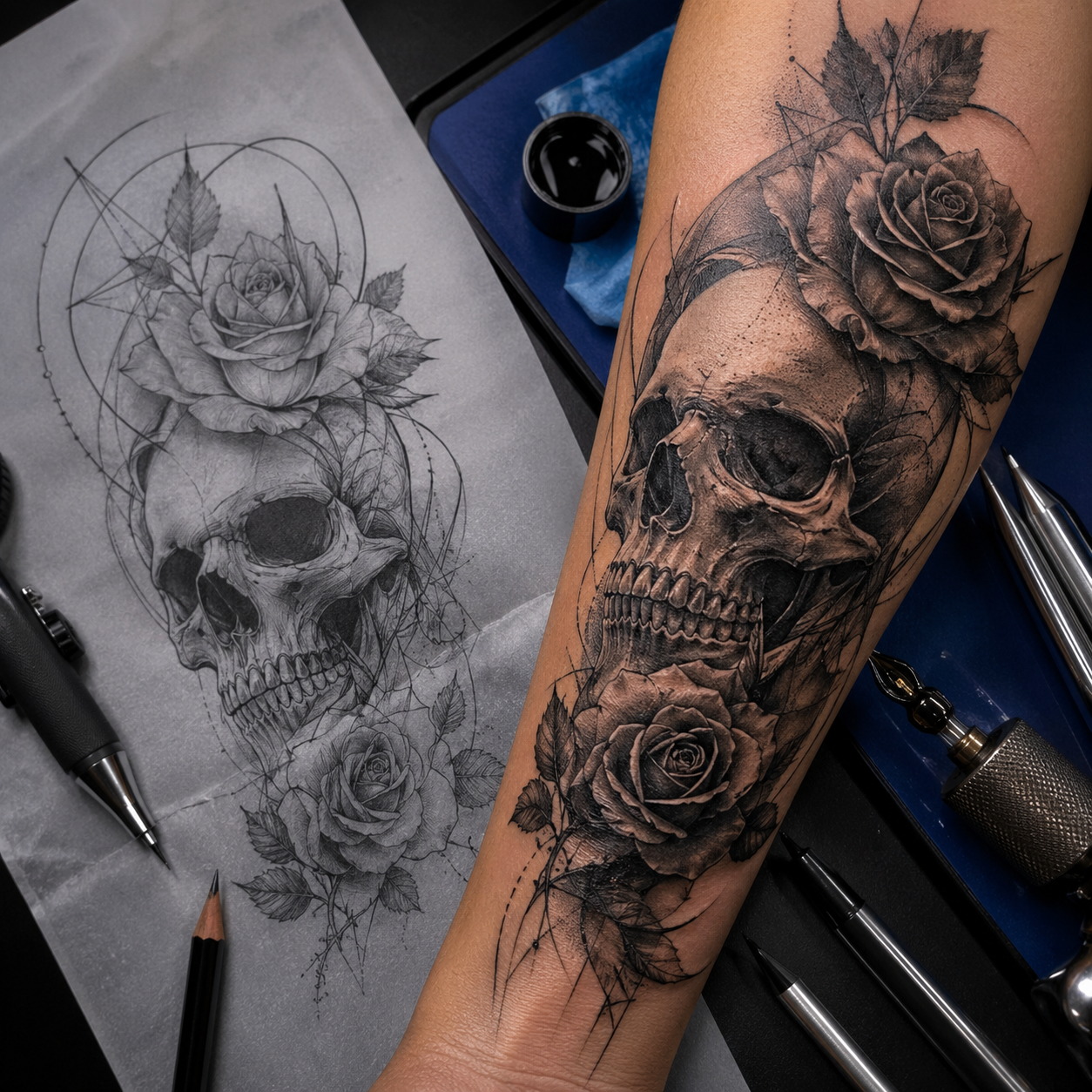 Arte para tatuagem em preto e cinza com caveira e rosa